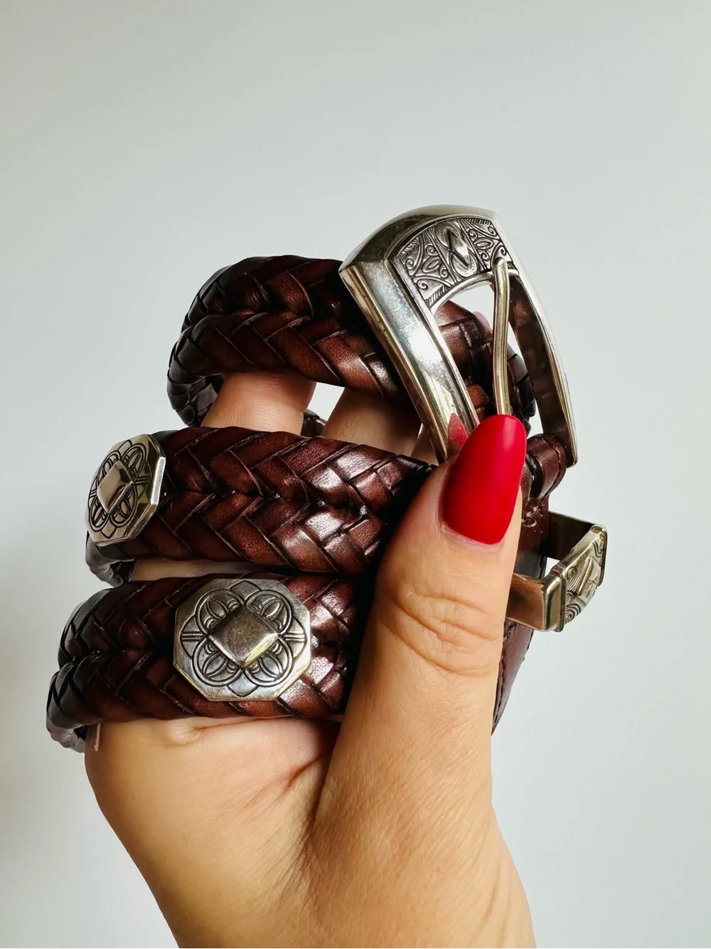 Brighton Brown Braided Leather Belt Silver Concho Western Boho Size Small 28